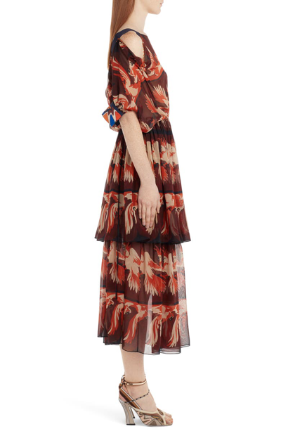 Shop Fendi Parakeet Print Cold Shoulder Silk Dress In Acai