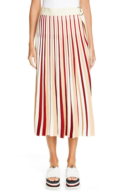 Shop Moncler 1952 Stripe Pleated Skirt In White/ Red/ Gold