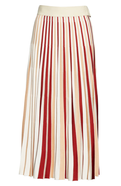 Shop Moncler 1952 Stripe Pleated Skirt In White/ Red/ Gold