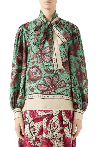 Shop Gucci Watercolor Floral Print Tie Neck Silk Blouse In Brown/ Green Print