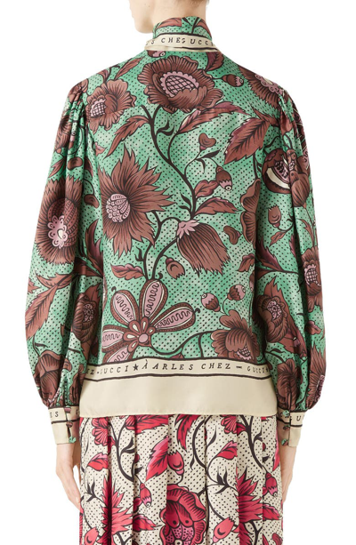 Shop Gucci Watercolor Floral Print Tie Neck Silk Blouse In Brown/ Green Print