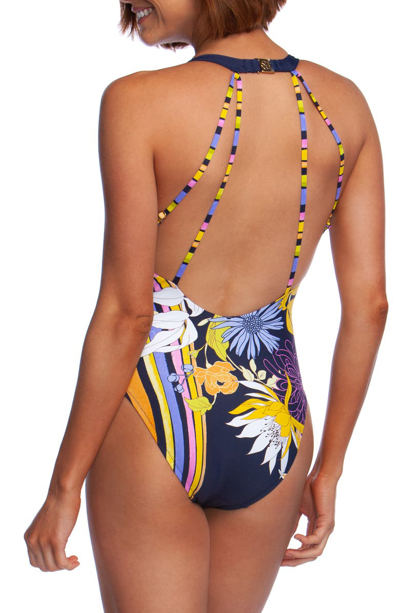 Shop Trina Turk Bal Harbour V-plunge One-piece Swimsuit In Blue Multi