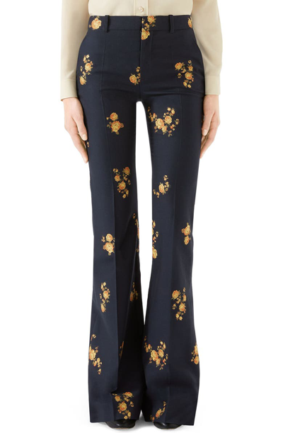 Shop Gucci Camellia Fil Coupe Cotton & Wool Flare Pants In Ink/ Yellow