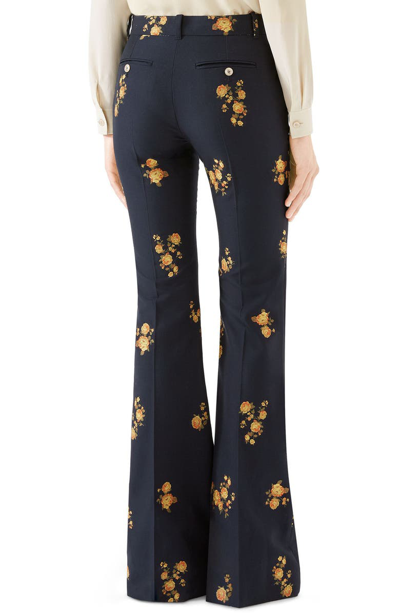 Shop Gucci Camellia Fil Coupe Cotton & Wool Flare Pants In Ink/ Yellow