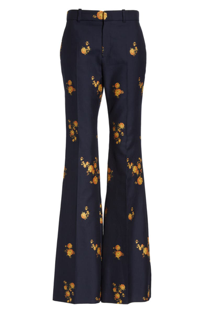 Shop Gucci Camellia Fil Coupe Cotton & Wool Flare Pants In Ink/ Yellow