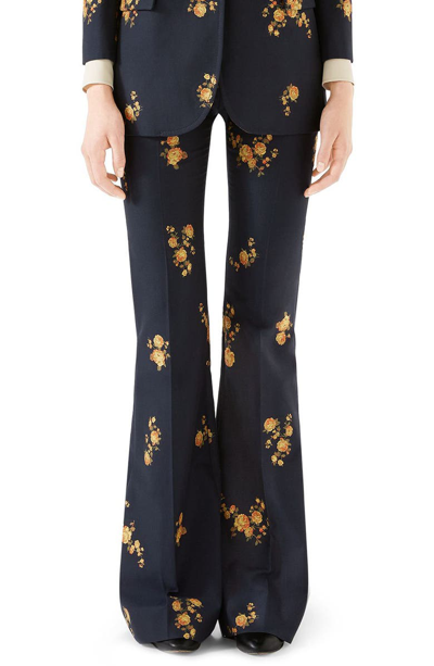 Shop Gucci Camellia Fil Coupe Cotton & Wool Flare Pants In Ink/ Yellow