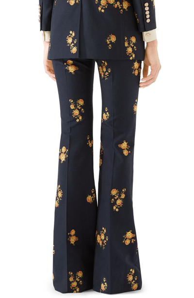 Shop Gucci Camellia Fil Coupe Cotton & Wool Flare Pants In Ink/ Yellow