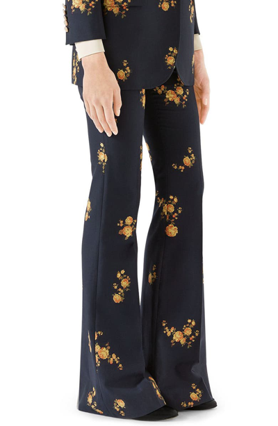 Shop Gucci Camellia Fil Coupe Cotton & Wool Flare Pants In Ink/ Yellow
