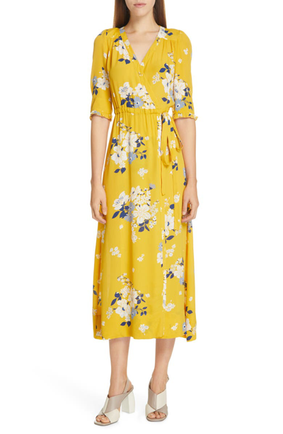 Shop Sea Pia Floral Faux Wrap Midi Dress In Yellow Multi