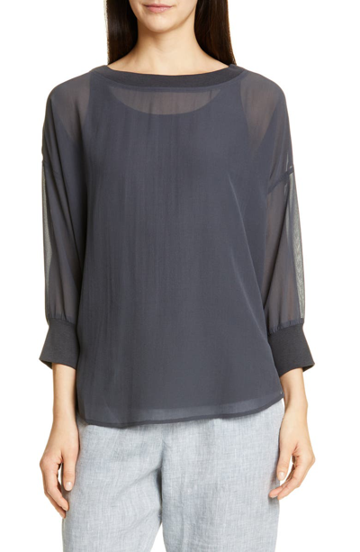 Shop Eileen Fisher Sheer Bateau Neck Silk Top In Graphite