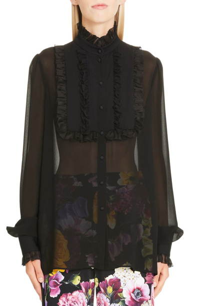 Shop Dolce & Gabbana Ruffle Bib Sheer Stretch Silk Blouse In Black