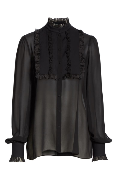 Shop Dolce & Gabbana Ruffle Bib Sheer Stretch Silk Blouse In Black