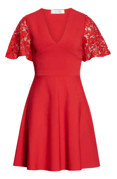 Shop Valentino Lace Flutter Sleeve Sweater Dress In 157-red