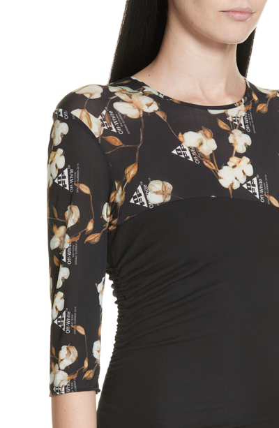 Shop Off-white Floral Bodice Fitted Dress In Black