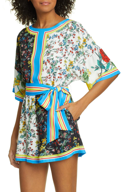 Shop Alice And Olivia Bowie Pattern Mix Tie Waist Romper In Freesia Tile Multi