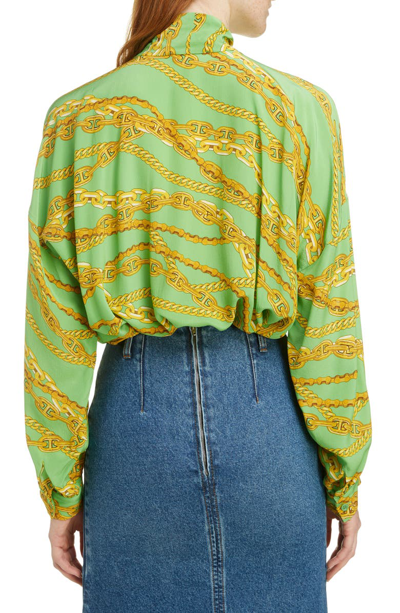 Shop Balenciaga Chain Print Tie Neck Silk Shirt In 3001-green