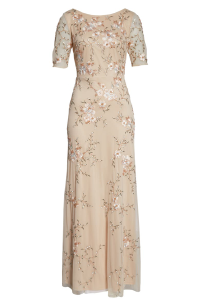 Shop Adrianna Papell Embroidered Mesh Evening Dress In Nude