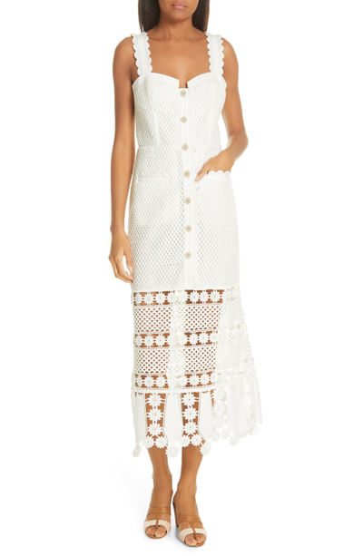 Shop Self-portrait Fishnet Crochet Lace Midi Dress In Ivory