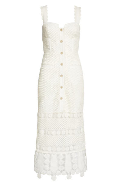 Shop Self-portrait Fishnet Crochet Lace Midi Dress In Ivory