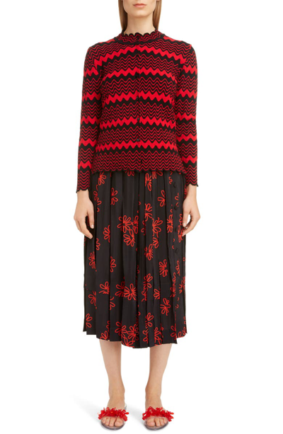Shop Simone Rocha Wiggle Flower Pleated Skirt In Black/ Red