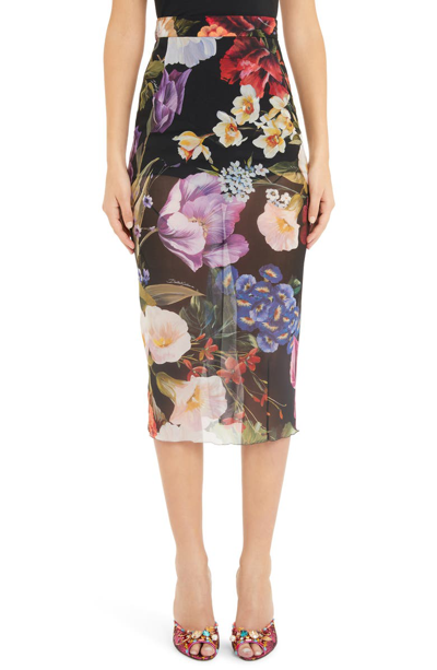 Shop Dolce & Gabbana Floral Print Sheer Silk Pencil Skirt In Black