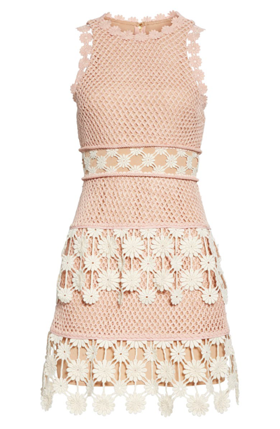 Shop Self-portrait 3d Floral Crochet Lace Minidress In Pink Ecru