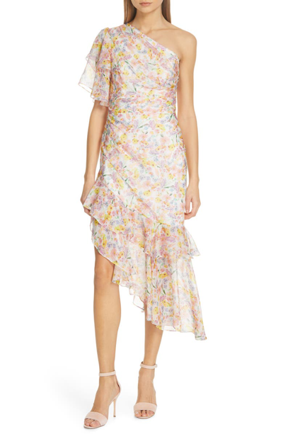 Shop Amur Clayton Floral Print Silk One-shoulder Dress In Multi