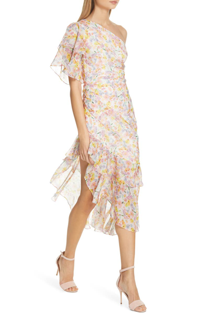 Shop Amur Clayton Floral Print Silk One-shoulder Dress In Multi