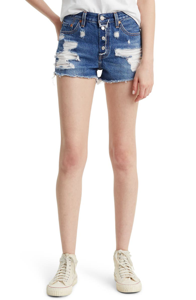 Shop Levi's 501 Ripped High Waist Cutoff Denim Shorts In Mid View