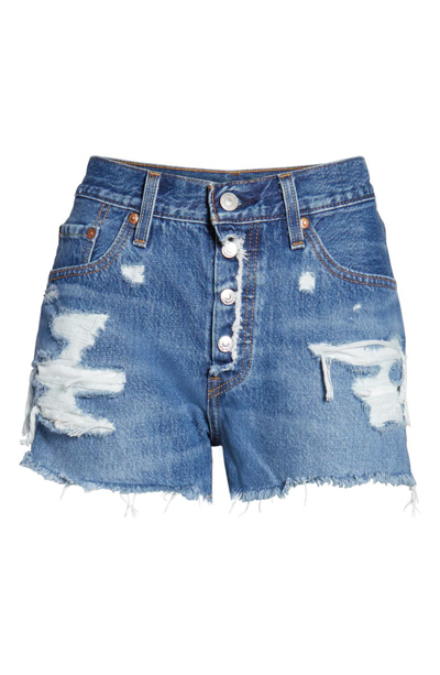 Shop Levi's 501 Ripped High Waist Cutoff Denim Shorts In Mid View