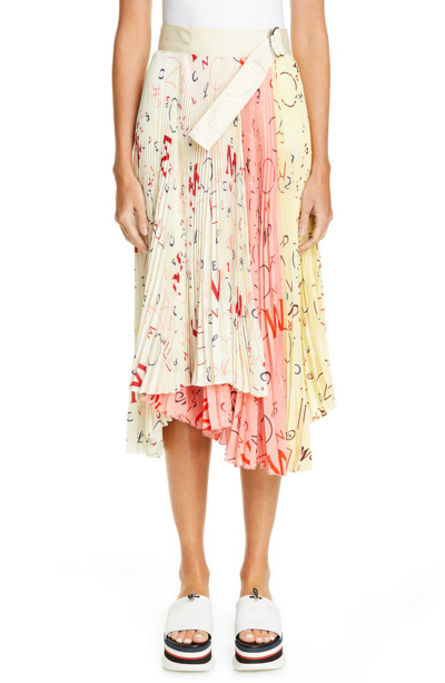 Shop Moncler 1952 Letter Print Pleated Silk Skirt In Pink/ Yellow/ White