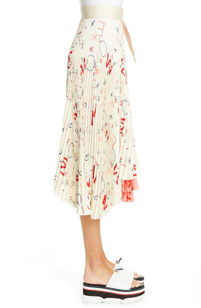 Shop Moncler 1952 Letter Print Pleated Silk Skirt In Pink/ Yellow/ White