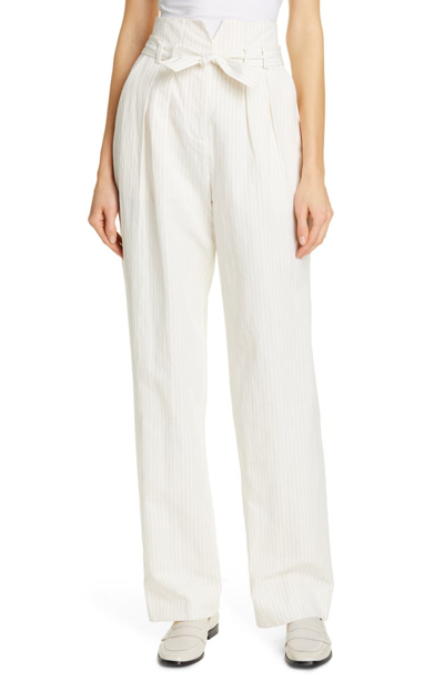 Shop Rebecca Taylor Pinstripe Belted Wide Leg Pants In Snow Combo