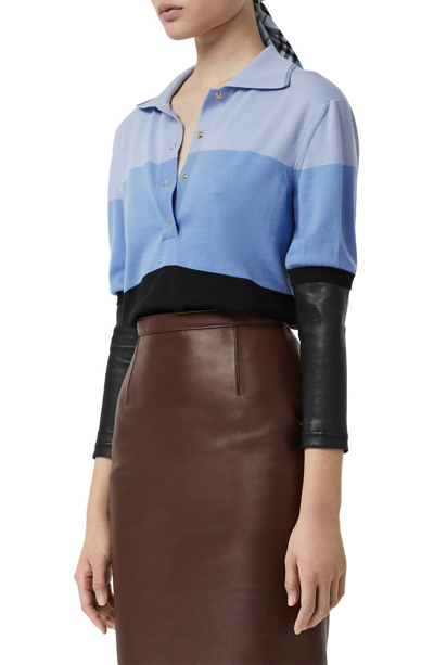 Shop Burberry Colorblock Leather Sleeve Polo Sweater In Blue