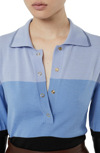 Shop Burberry Colorblock Leather Sleeve Polo Sweater In Blue