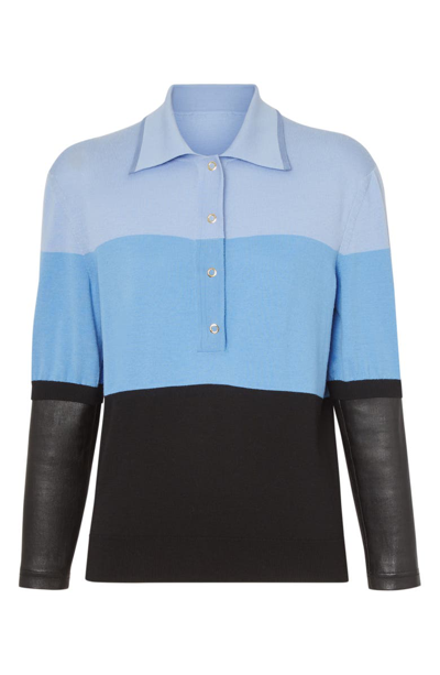 Shop Burberry Colorblock Leather Sleeve Polo Sweater In Blue