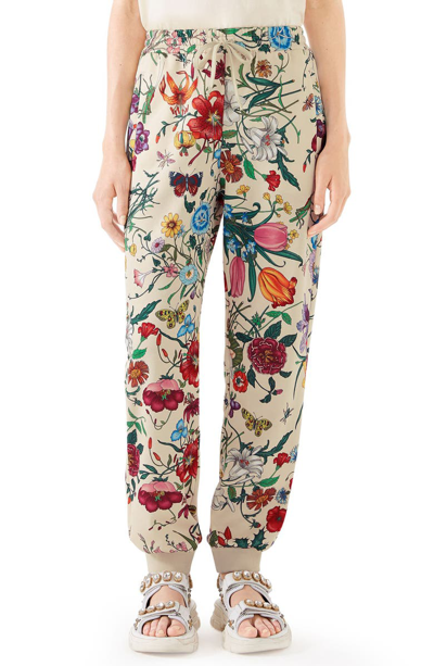 Shop Gucci Floral Print Tech Jersey Track Pants In Ivory/ Multicolor