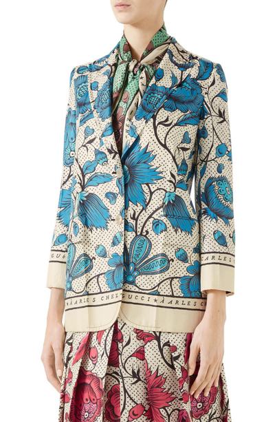 Shop Gucci Watercolor Floral Print Silk Jacket In Blue/ Ivory Print