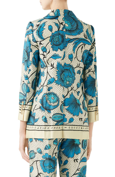 Shop Gucci Watercolor Floral Print Silk Jacket In Blue/ Ivory Print