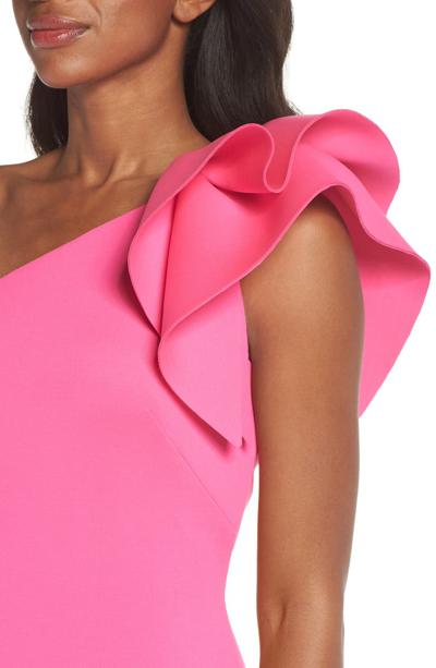 Shop Eliza J One-shoulder Ruffle Sheath Cocktail Dress In Hot Pink