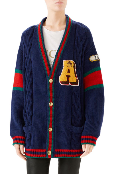 Shop Gucci Wool Cable Knit Varsity Cardigan In Blue/ Multicolor