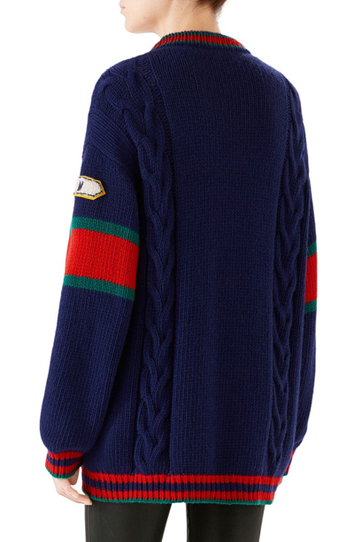 Shop Gucci Wool Cable Knit Varsity Cardigan In Blue/ Multicolor