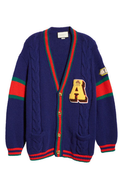 Shop Gucci Wool Cable Knit Varsity Cardigan In Blue/ Multicolor