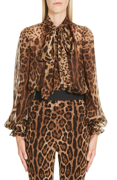 Shop Dolce & Gabbana Leopard Print Tie Neck Silk Blouse