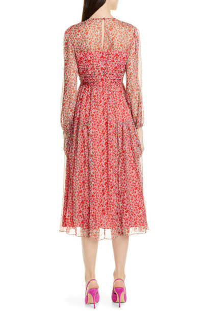 Shop Saloni Yasmeen Floral Long Sleeve Silk Midi Dress In Red Poppyfield