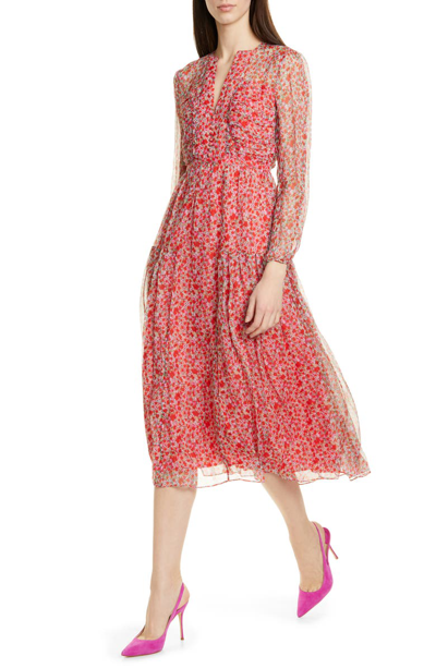 Shop Saloni Yasmeen Floral Long Sleeve Silk Midi Dress In Red Poppyfield