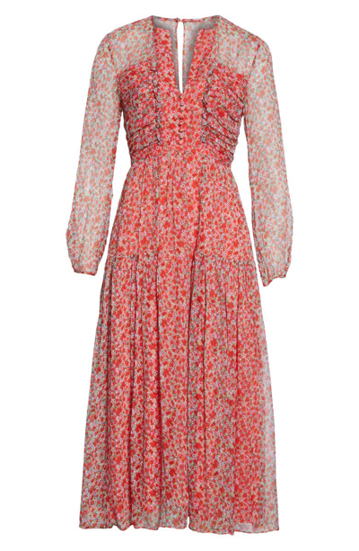 Shop Saloni Yasmeen Floral Long Sleeve Silk Midi Dress In Red Poppyfield