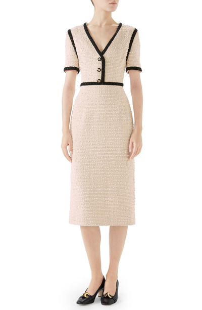 Shop Gucci Boucle Tweed Dress In Moonstone Ivory