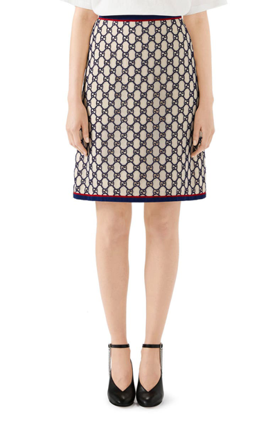 Shop Gucci Gg Macrame A-line Skirt In Natural White/ Blue