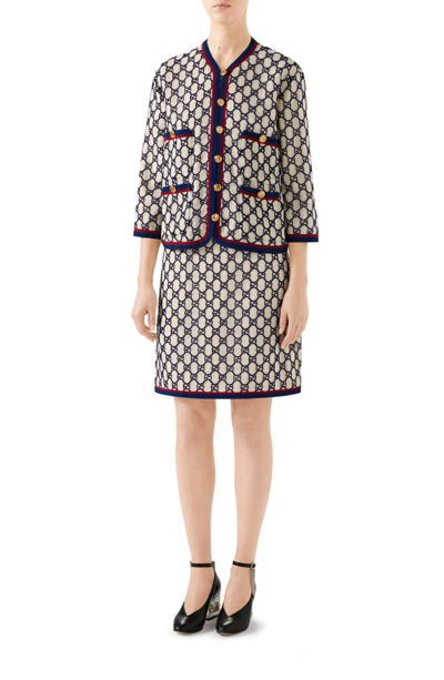 Shop Gucci Gg Macrame A-line Skirt In Natural White/ Blue